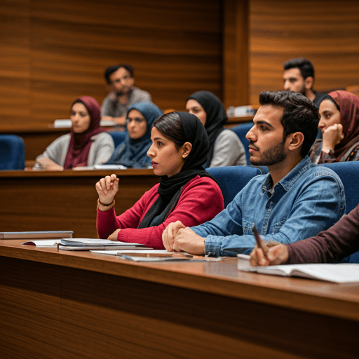 University students in a lecture hall.